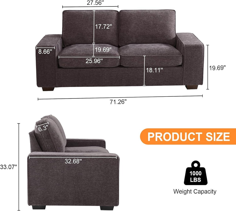 EASELAND 71" Chenille Loveseat Sofa for Living Room, Modern Deep Seat Sofa Couch with Removable Back and Seat Cushions, Comfy Sofa with Wood Legs and Armrest（Dark Grey）