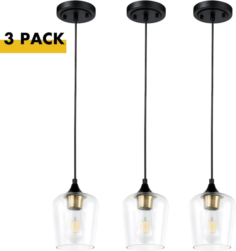 Hamilyeah 3 Light Pendant Light Fixture over Kitchen Island, Black and Gold Pendant Lighting for Living Room, Industrial Farmhouse Hanging Lamp Set of 3 with Champagne Glass Shade