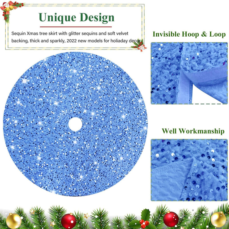 FUHSY Glitter Christmas Tree Skirt 46 Inches Light Blue Velvet Christmas Tree Skirt Farmhouse Tree Skirt for Large Xmas Tree Skirts Sequin Christmas Tree Collar for Family Reunion Birthday Party Decor