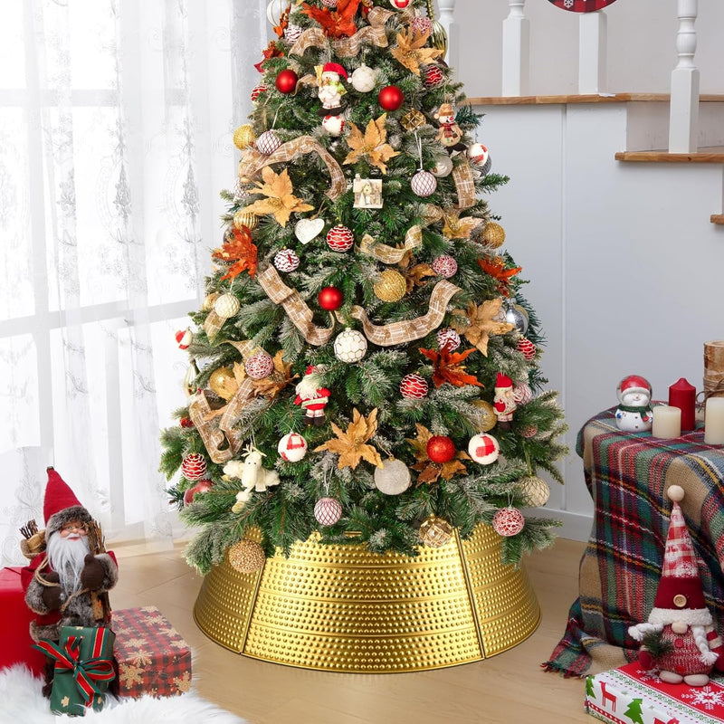 Christmas Tree Collar 28" Metal Gold Christmas Tree Skirt Stand Base Cover for Artificial Trees 5 Panel Hammered Christmas Tree Ring Protection from Pets Xmas Decorations