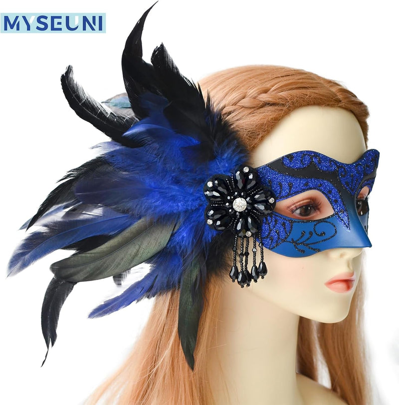 2024 New Blue and Black Masquerade Mask for Women with Feathers - Womens Mascarade Venetian Mask for Masquerade Party, Mardi Gras, Halloween Cosplay Prom, Christmas