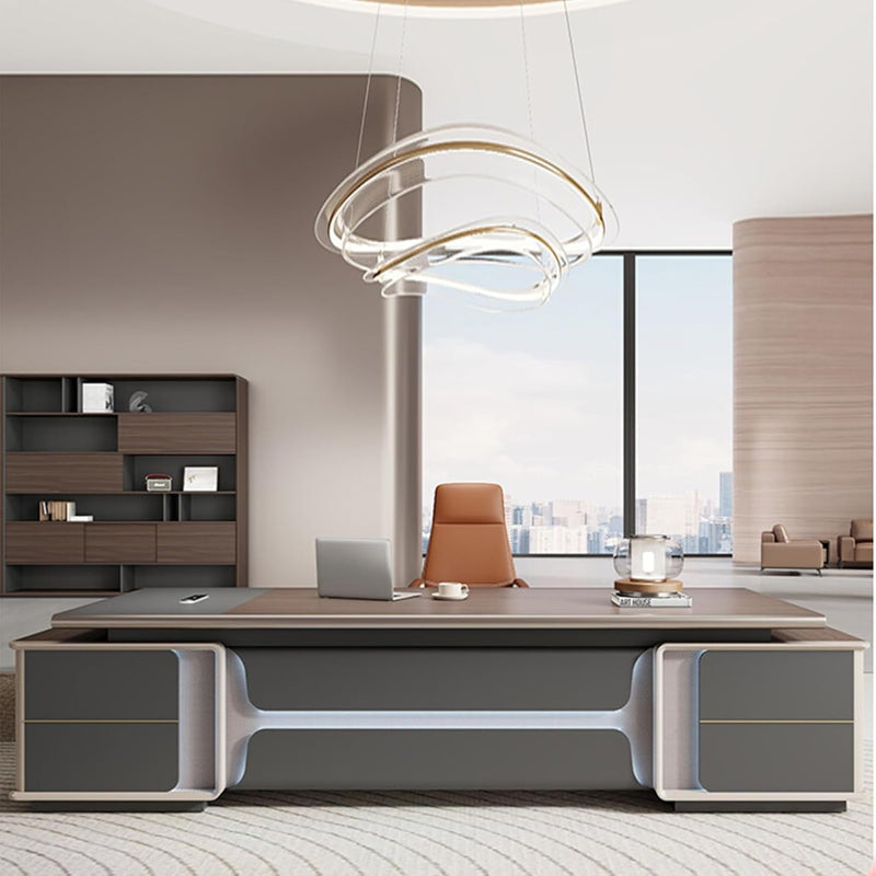 Executive Office Desk with Shelves, Business Workstation Home Office Desk with Metal Frame Furniture for Home Office with Storage Drawers
