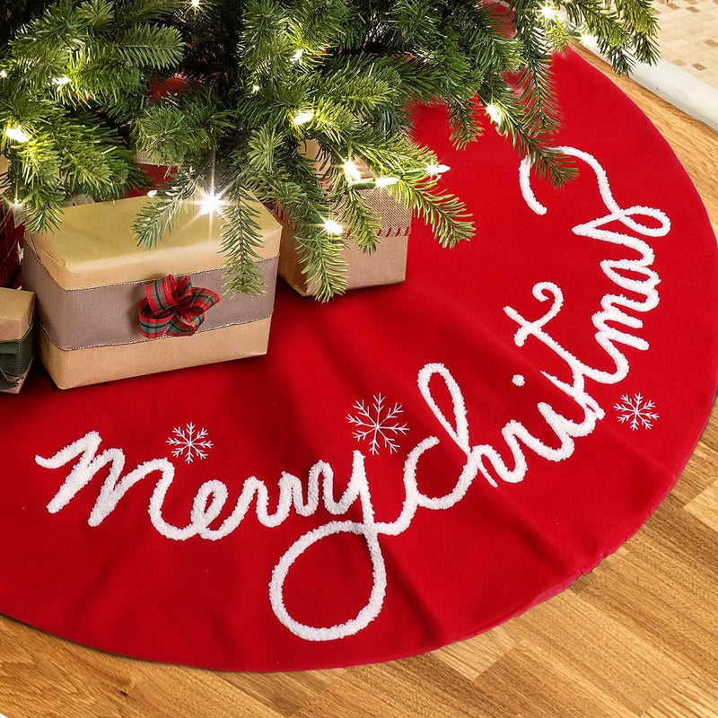 GMOEGEFT Christmas Tree Skirt 32 24 Inches Red Felt with Merry Christmas Tree Skirt Xmas Holiday Decorations (24 In)