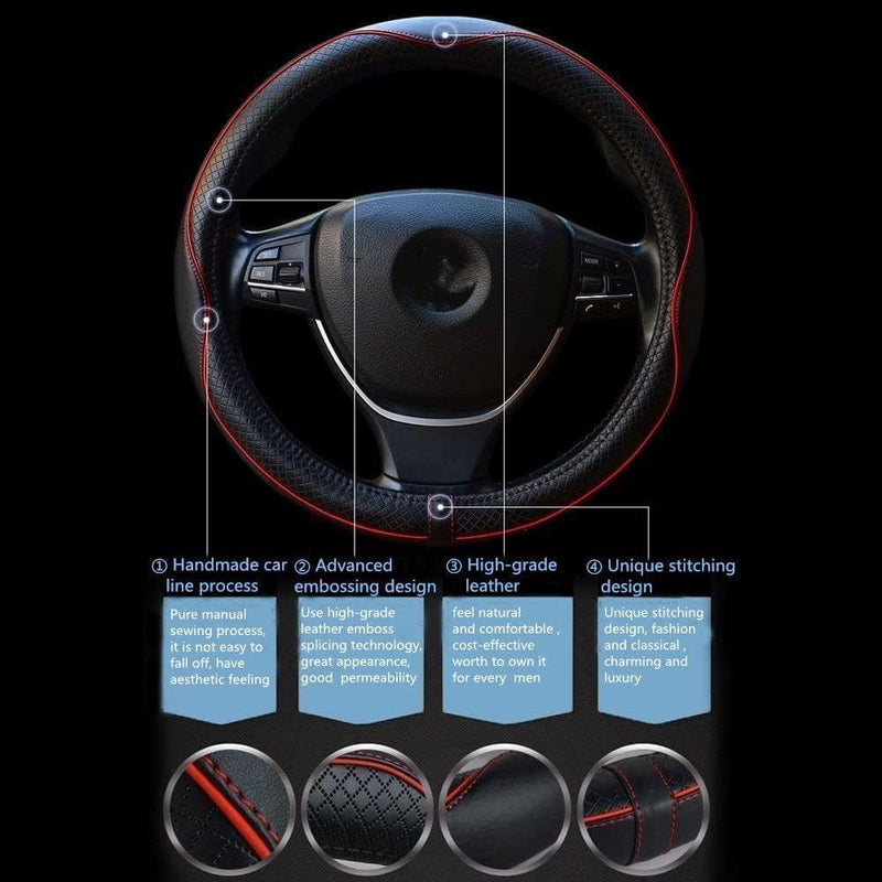 Car Steering Wheel Cover, Anti-Slip, Safety, Soft, Breathable, Heavy Duty, Thick, Full Surround, Sports Style (Black with Red Line)