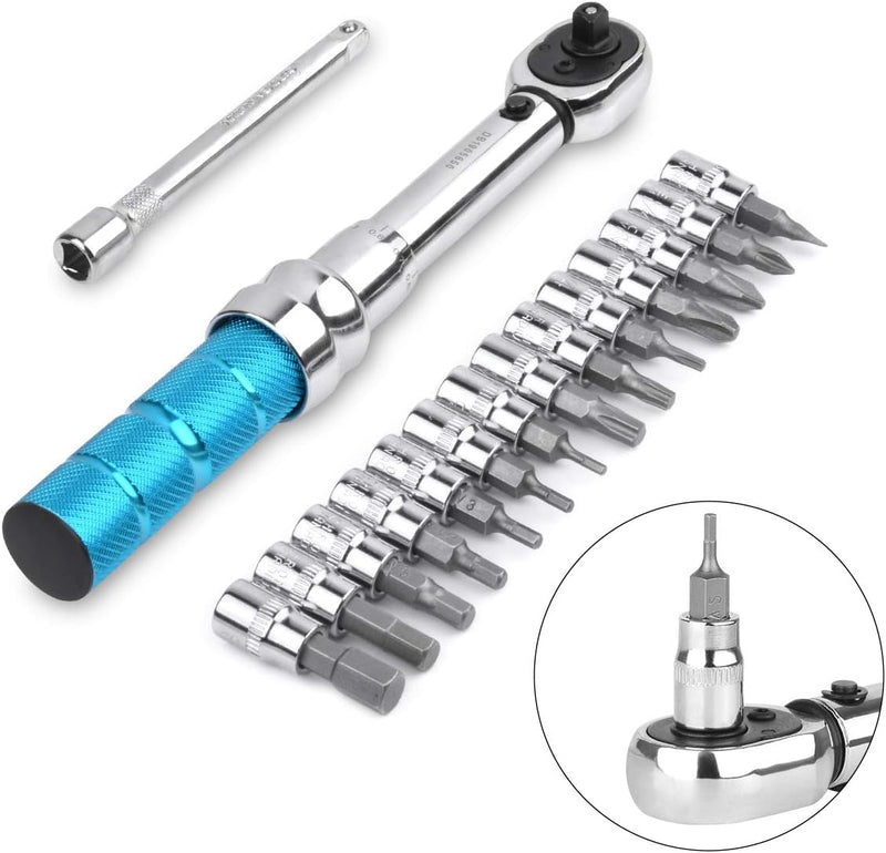 COTOUXKER Bike Torque Wrench Set, 1/4 Inch Drive Torque Wrench 2 to 14 Nm Bicycle Tool Kit for MTB Mountain Road Bikes with Allen Key, Torx Sockets, Extension Bar