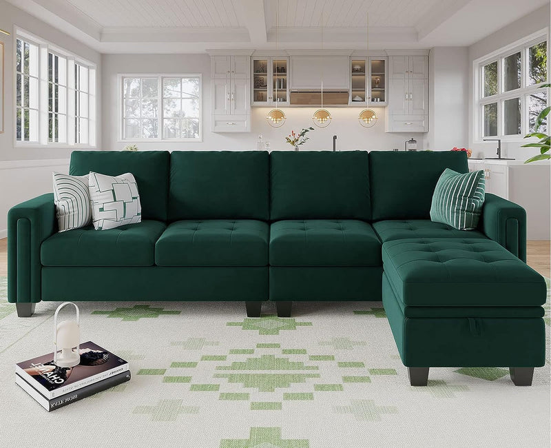 Belffin Velvet Reversible Sectional Sofa with Chaise Convertible L Shaped 4-Seat Sectional Couch with Storage Ottoman Green