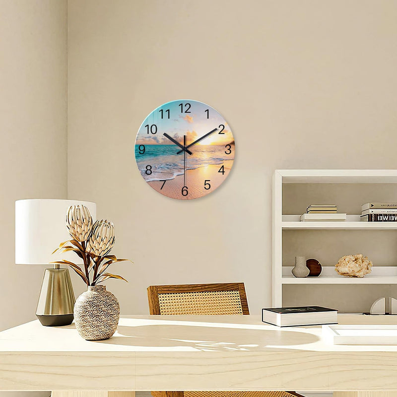 Beach Wall Clock Battery Operated 12 Inch - Glass Wall Clock Non Ticking - Analog Blue Wall Clock for Bedroom Living Room Kitchen Bathroom Office