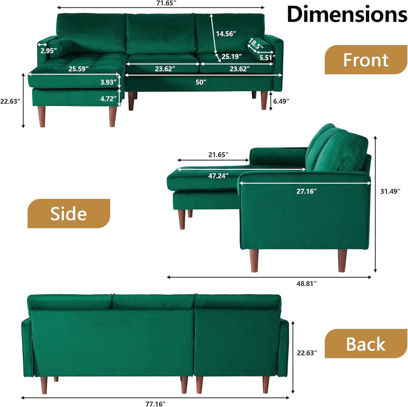 Convertible Sectional Sofa Couch, Upholstered Velvet L Shaped Couch with Chaise, Modern 3 Seat Sectional Couch for Living Room Apartment Small Space (Green)