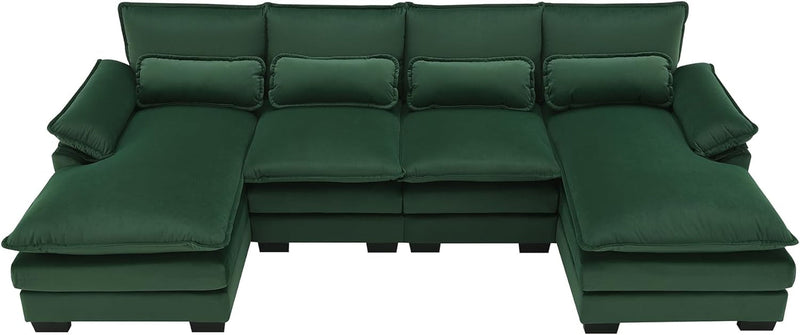 110" U-Shaped Symmetrical Sectional Sofa Couch with 4 Lumbar, Modern Deep Seat Cushions Sleeper Sofa&Couch W/Double Chaise and Pillow-Top Armrest for Home Office Apartment Living Room, Green