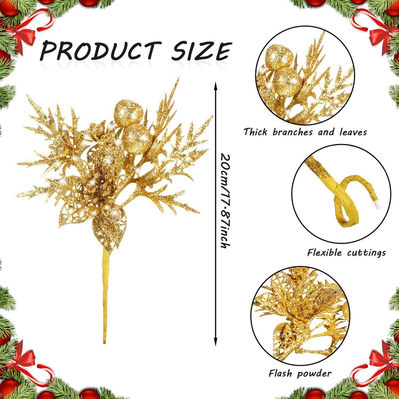 Gejoy 8 Pcs Glitter Christmas Picks with Faux Flower Artificial Leaves Christmas Tree Picks Ornament for Christmas Tree Xmas Wreath Garland Crafts Holiday Wedding Home Decorations, 7.8 Inch(Gold)