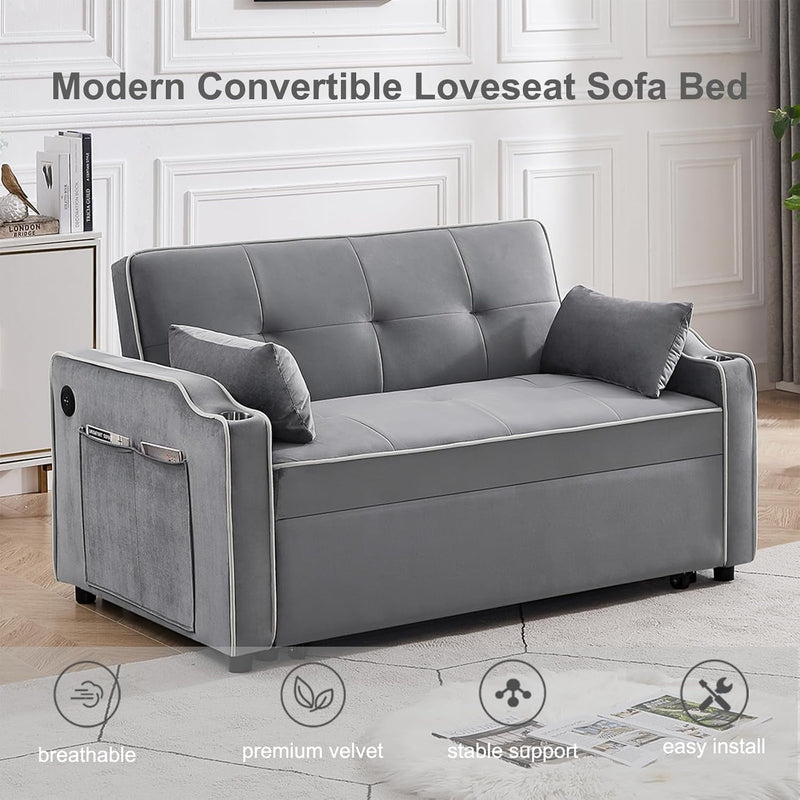 3 in 1 Convertible Sofa Bed with USB Ports, 55'' Velvet Comfy Loveseat Sleeper Sofa Couch with Cup Holders, Pull Out Couch Bed Sleeper Sofa with Storage, Living Room Furniture Set with Pillows (Grey)