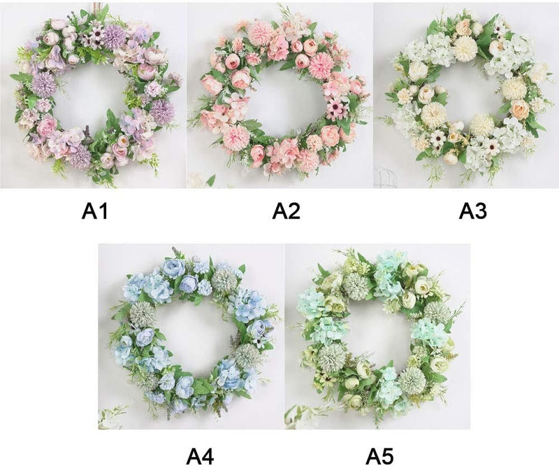 15.7Inch Artificial Light Blue Hydrangea and Peony Floral Spring Wreath Silk Peony Wreath with Green Leaves Welcome Front Door Wreath for Wedding Wall Home Decor