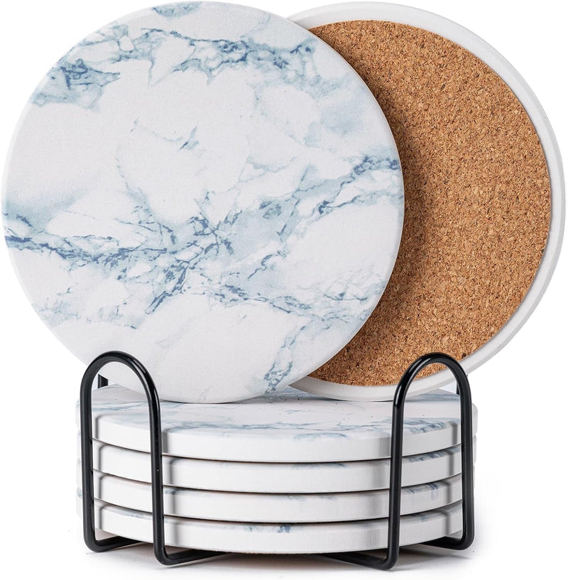 6Pcs Drink Coasters with Holder, Marble Style Ceramic Drink Coaster, Absorbent Coasters Set Suitable for Kinds of Cups, Modern Style Coasters for Coffee Table, 4 Inches