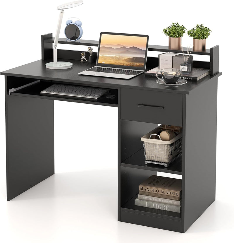 Computer Desk, Office Desk with Drawers, Hutch, Keyboard Tray & Adjustable Shelf, Small Desk with Storage, Modern Home Office Desks, White Desk for Bedroom, Living Room, Study (White)