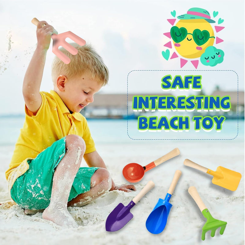 6 PCS 8" Kids Garden Tools, Made of Metal with Sturdy Wooden Handle, Beach Snow Toys Cylinder, Spoon, Fork, Rake, Flat & Pointed Shovels for Children