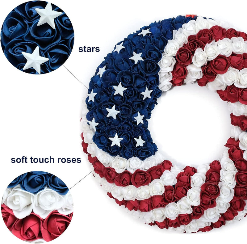 18Inch Patriotic Roses Wreath, 4Th of July Summer Soft Touch Foam Roses Wreath for the Front Door, Handcrafted Memorial Day Artificial Flowers Wreath for Indoor and Outdoor