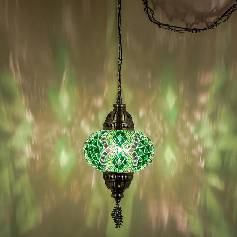 DEMMEX Authentic Turkish Plug in Light, Handmade in Turkey, 6.5" Globe, Turkish Moroccan Mosaic Swag Plug in Ceiling Hanging Pendant Light Fixture, 15Ft Cord & Decorated Chain (Green)