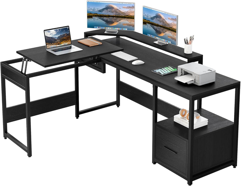 DWVO L Shaped Desk with Lift Top, 65" Adjustable Standing Desk with File Drawer, Corner Computer Desk with Storage Shelves,Home Office Desk, Black