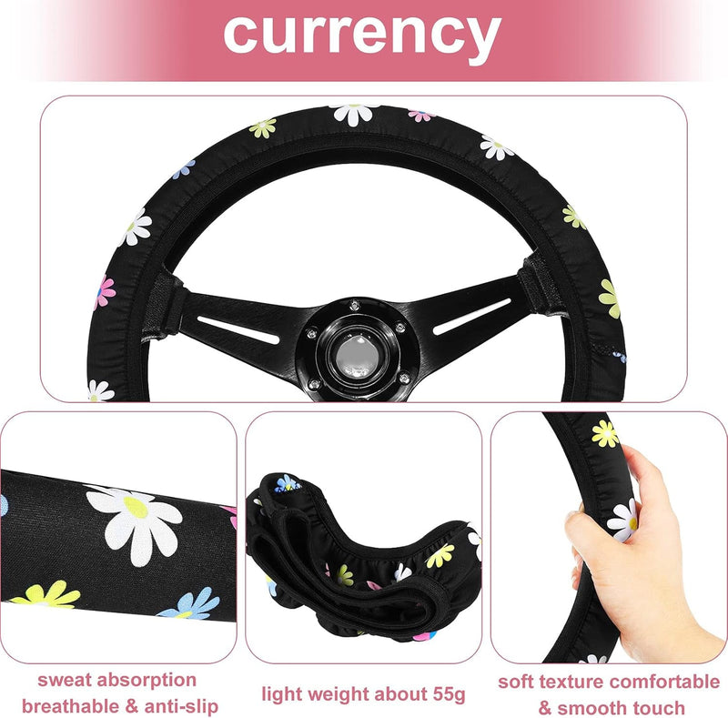 Cute Steering Wheel Cover Flower Steering Wheel Cover Floral Steering Wheel Cover for Women with 4 Pieces Cute Flowers Car Air Vent Clips for Women Car Decorations (Daisy Style)