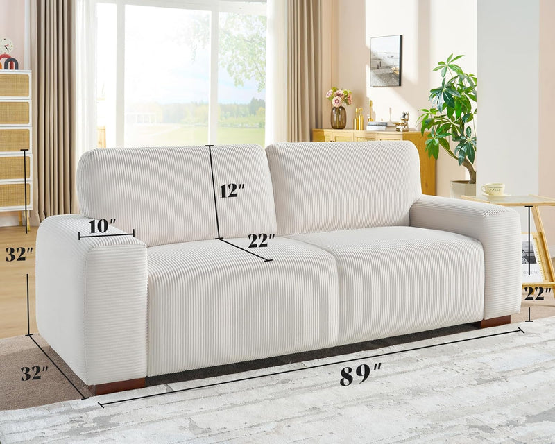 AMERLIFE Sofa, 89 Inch Oversized Couch with Thick Armrest, Comfy Sofa Couch for Living Room-3 Seater Sofa in White Corduroy