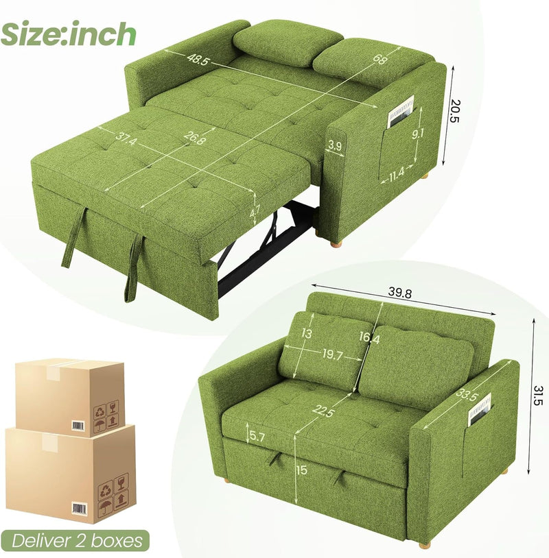 Convertible Sofa Bed, 3-In-1 Sleeper Sofa Pull Out Couch Bed, 2-Seater Linen Fabric Loveseat Futon Sofa with Spring Support, Adjustable Backrest for Small Spaces, Living Room, Olive Green