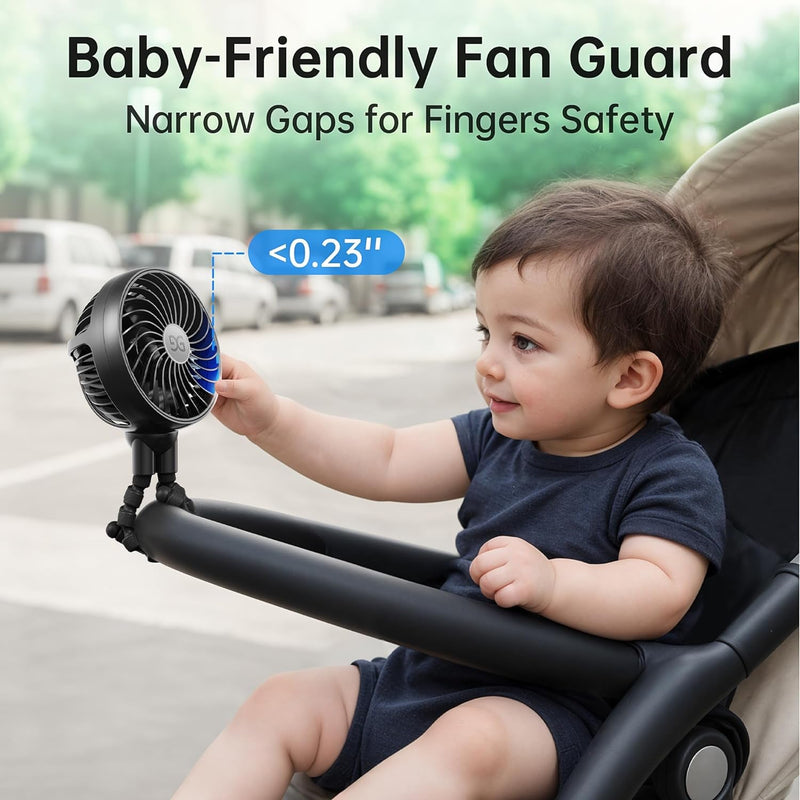 GUSGU Stroller Fan Clip on for Baby, Flexible Tripod & Rechargeable Battery, Small Personal Fan, Mini Portable Fan for Travel, Handheld, Car (Black)