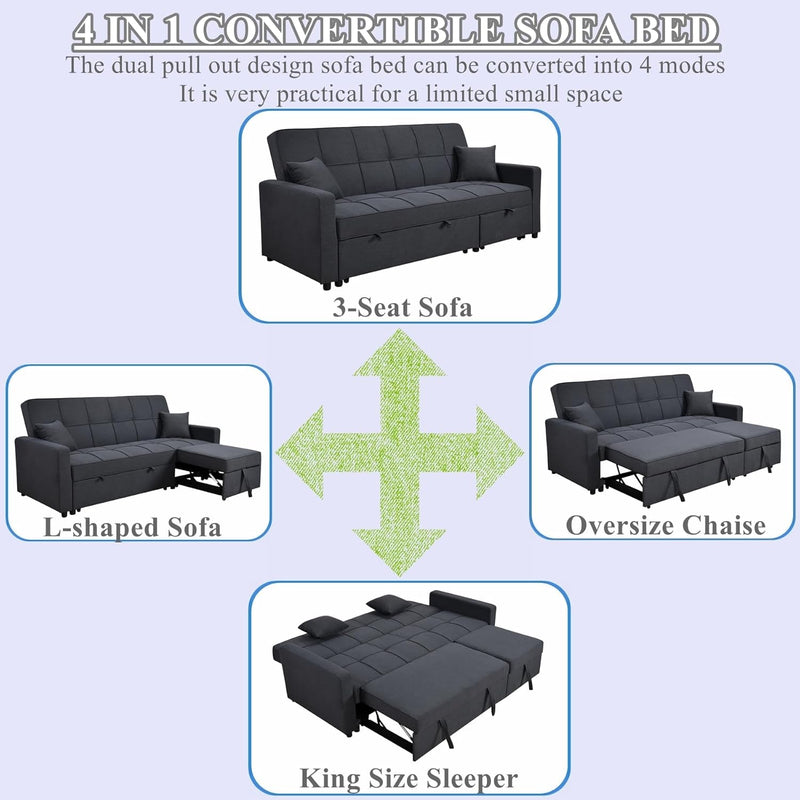 Convertible Sleeper Sofa Bed, 4-In-1 Sleeper Couch with Dual Pull Out Bed & Adjustable Backrest, Linen 3 Seaters Sectional Sleeper Sofa for Living Room, King Size,No.1-Black