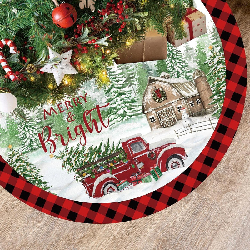 Blosssound Christmas Tree Skirt 48 Inch Red and Black Buffalo Plaid Tree Skirt Red Truck Xmas Tree Skirt Decor Retro Tree Mat for Winter Holiday Farmhouse Christmas Party Tree Decoration