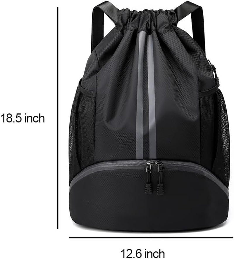 Black Drawstring Gym Bag for Men, Waterproof Drawstring Backpack for Women, Swim Bag with Shoes Compartment, Pull String Sport Bag for Soccer and Basketball.