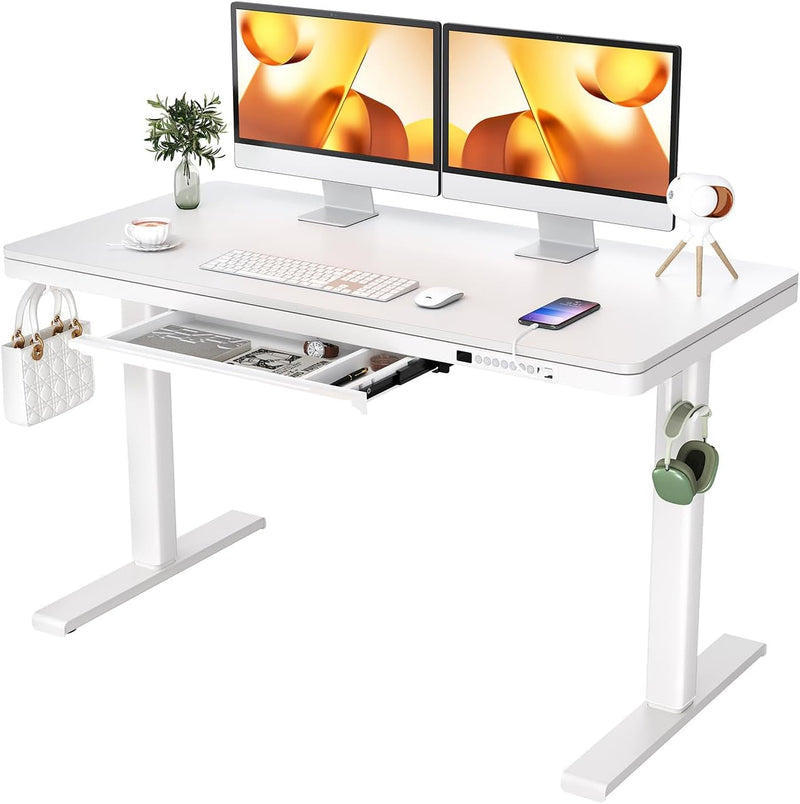 Ergear Dual Motor Electric Standing Desk with Drawers,48X24 Inch Whole-Piece Glass Desktop Quick Install,Height Adjustable Stand up Sit Stand Home Office Ergonomic Workstation with USB Charging Ports