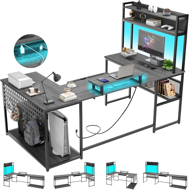 83 Inches U Shaped Desk with Power Outlet, L Shaped Office Desk with LED Lights and Monitor Stand, Reversible L-Shaped Computer Desk Suitable for Home Office, Corner, Gaming, Grey