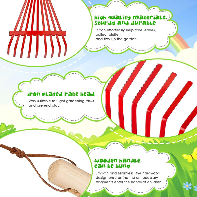 2Pcs Kids Rake Garden Tool Set Toy,Child Size Lawn Small Rakes and Garden for Leaves,Wooden Gardening Toy Rakes with Detachable Handles Outdoor Toys Gift for Boys and Girls