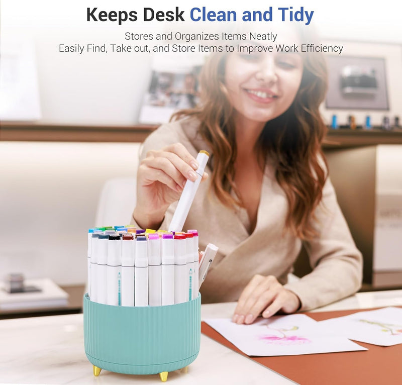 Boho Office Decor - Blue Pencil Holder with 5 Compartments, Aesthetic Design with 360 Rotating Pencil Holder. Office Desk Accessories for Women and Men