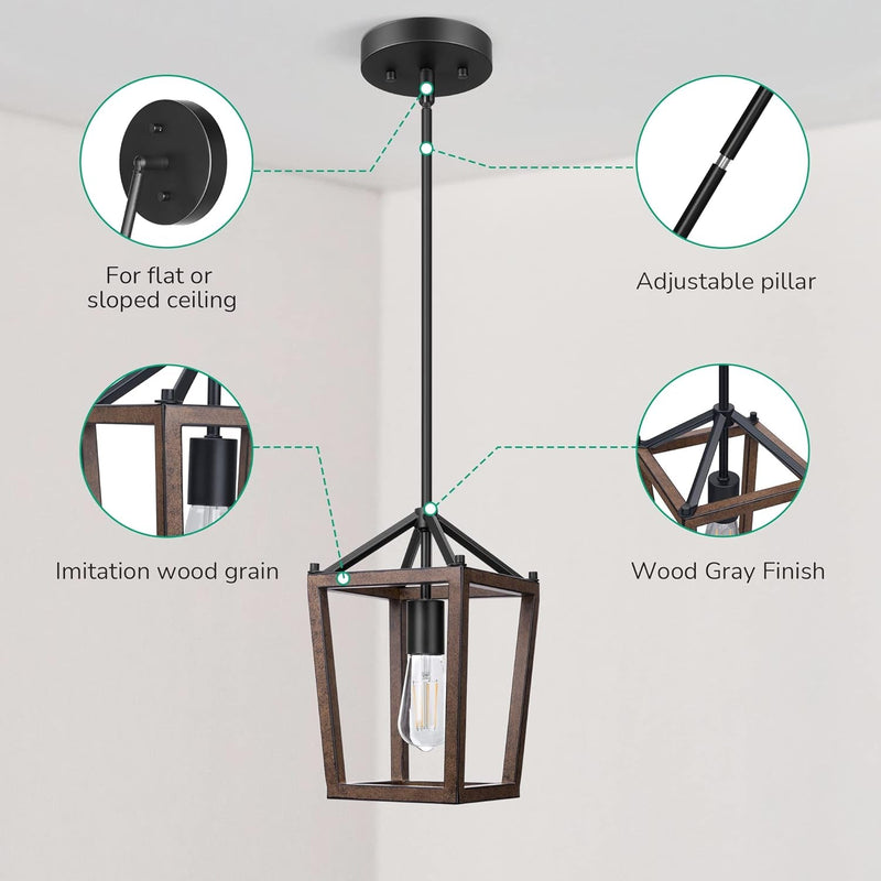 EDISHINE Pendant Lights for Kitchen Island, 1-Light Farmhouse Cage Hanging Light Fixtures, Rustic Wood with Brown Finish, Adjustable Height Pendant Light for Dining Room, Allway and Foyer