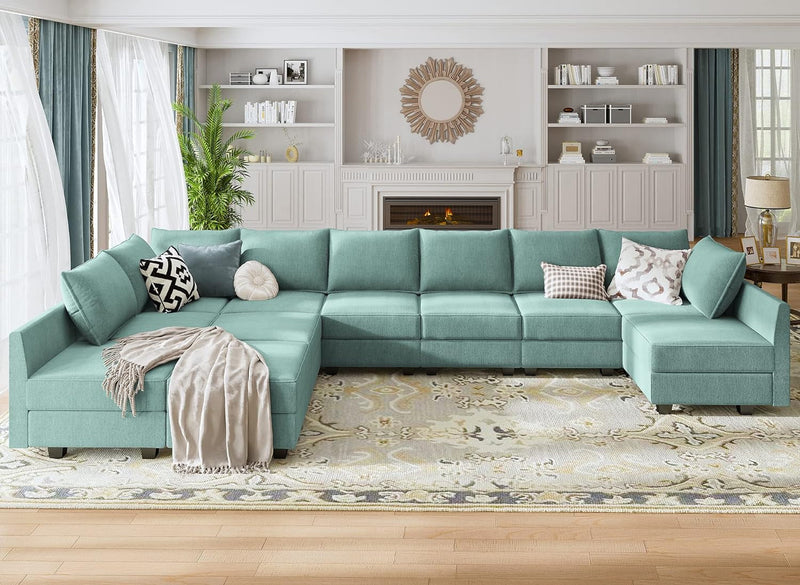 HONBAY Convertible U Shaped Modular Sofa Sectional Modular Couch with Chaise Oversized Sofa Sleeper Couch for Large Living Room,Aqua Blue