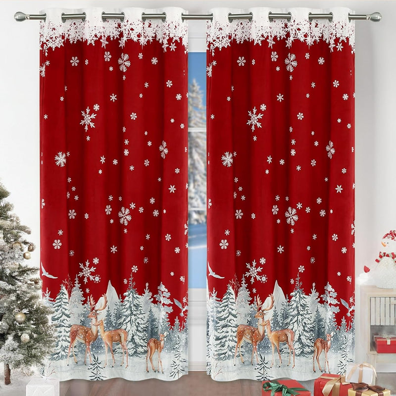 CAROMIO Christmas Curtains for Living Room 2 Panel Sets, Red Velvet Window Curtains 84 Inches Long, Floral Snowflake Decoration Curtains, Thermal Insulated Room Darkening Curtains, 52 X 84 Inches