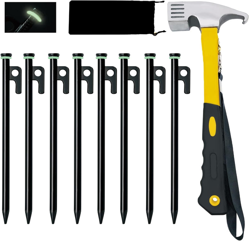 8/12/16Pack Tent Stake with Hammer, 8/10/12/16In Heavy Duty Tent Stakes + 10In Tent Stakes Hammer+Storage Pouch, Forged Steel Tent Stakes Used on Rocks (12 Pack 10In Tent Stakes+Hammer)