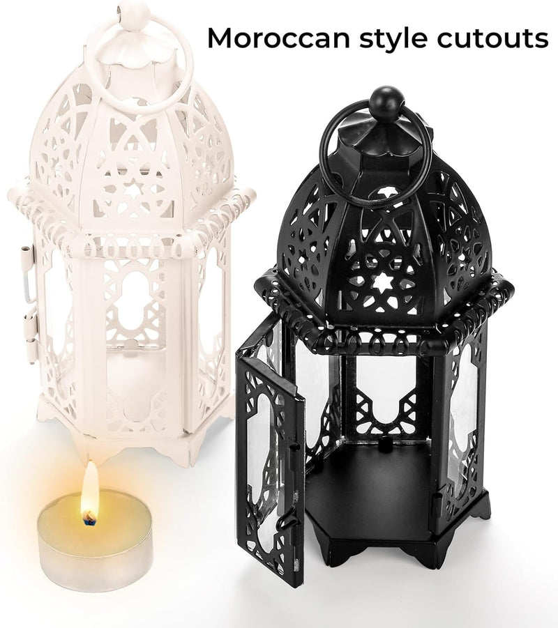 2 Pack Moroccan Style Candle Lantern, Small Tealight Candle Holder with Transparent Glass Panels, 6 Inch Hanging Lantern Outdoor for Ramadan, Halloween Decorative Metal Lamp for Patio, Weddings