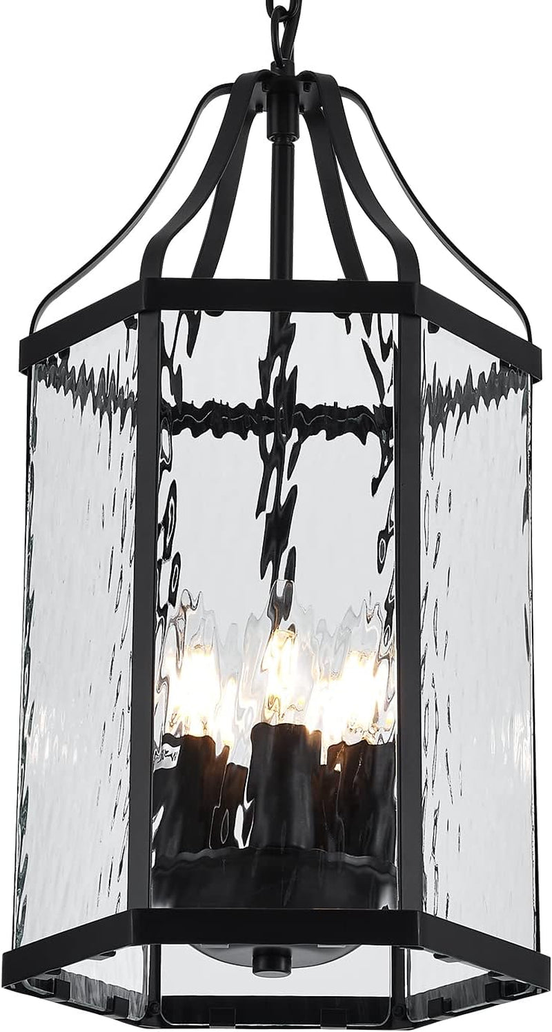 10" Modern 5-Light Exterior Black Lantern Pendant Light Fixture with Clear Rippled Glass Mini Industrial Hanging Cage Chandelier for Outdoor Kitchen Dining Room Hallway Entryway Foyer Porch