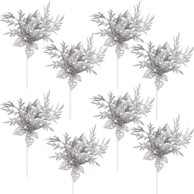 8 Pcs Glitter Christmas Picks with Faux Flower Artificial Leaves Christmas Tree Picks Ornament for Christmas Tree Xmas Wreath Garland Crafts Holiday Wedding Home Decorations, 7.8 Inch(Silver)