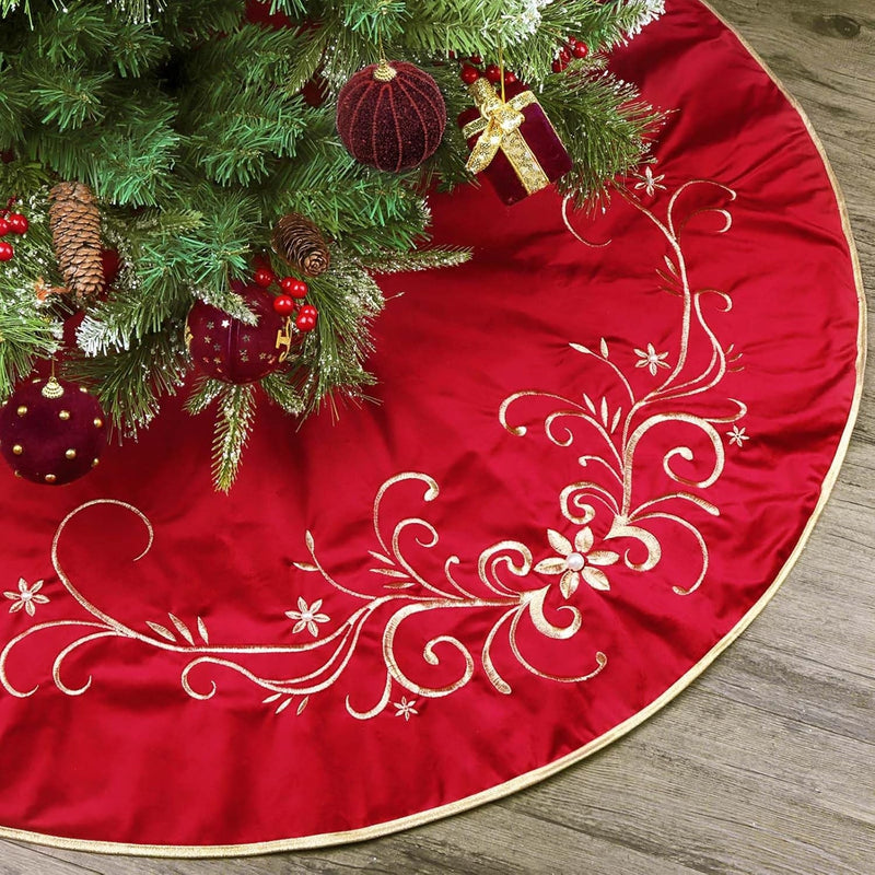 Christmas Tree Skirt, 48 Inches Baroque Large Velvet Fur Plush Red and Burgundy Tree Skirt, Classic Tree Skirts with Traditional Gold Iris Embroidered for Holiday Decorations