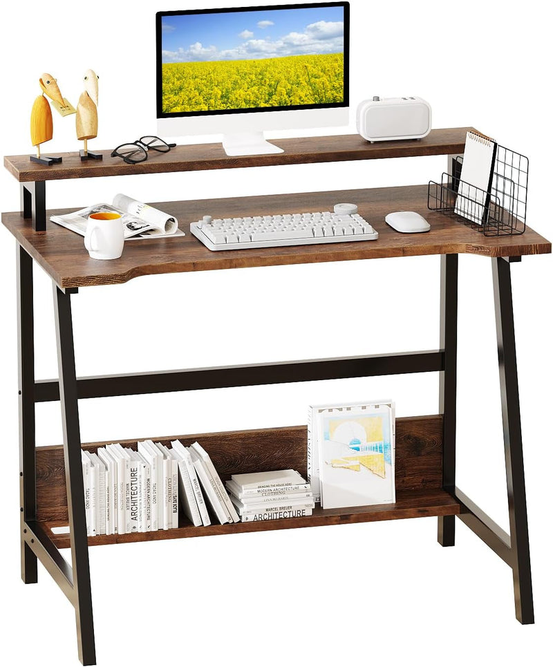 Computer Home Office Desk, 31.5" Desk for Small Spaces with Storage Shelf,Small Computer Desk with Monitor and Bookshelf, Modern Simple Style Laptop Desk