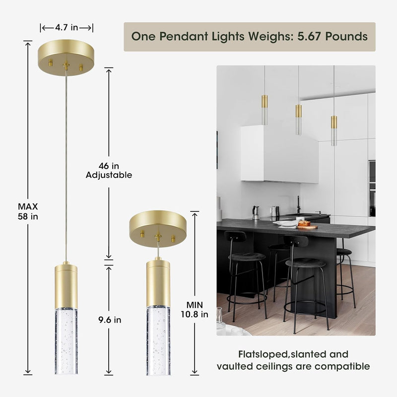 Gold Pendant Light, 2Pack Modern Pendant Light Kitchen Island Pendant Light Fixtures, 9W Modern Island Light with Bubble for Bar,Dining Room, Bedroom, Foyer, Kitchen Chandelier Light Fixture (Gold)