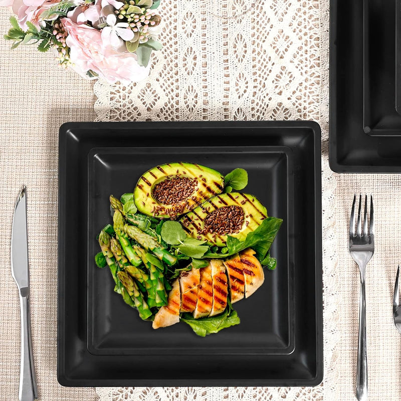 12 Piece Melamine Plates and Bowls Sets Square Dinner Set with Plates, Dishes, Bowls, Black Square Dinnerware Sets -Serving Platers for 4 Dishwasher Safe