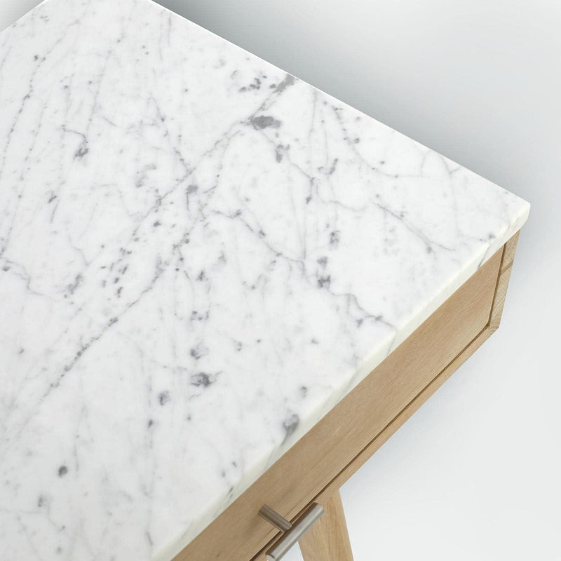 Bianco Viola 44" Rectangular Italian Carrara White Marble Writing Desk with Oak Legs