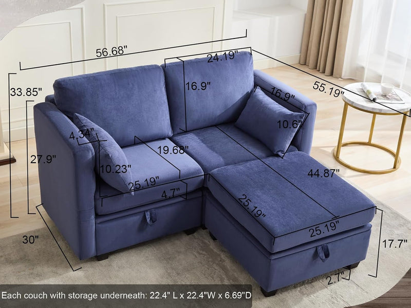 Asunflower Loveseat with Storage Seats Modular Small Sectional Sofa 2 Seat Couch for Bedroom Office Convertible Deep Seat Love Seat Sofa,Blue