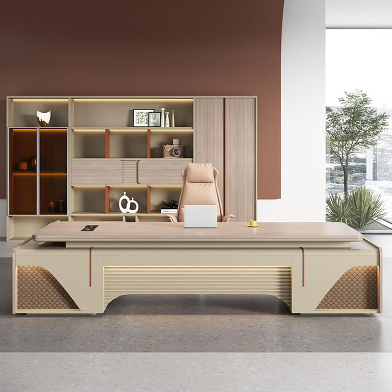 Contemporary Office Desk L-Shape Home Office Writing Desk with Power Outlet and Drawer Cabinet Modern Executive Desk Single Desk Office Long Boss Desk