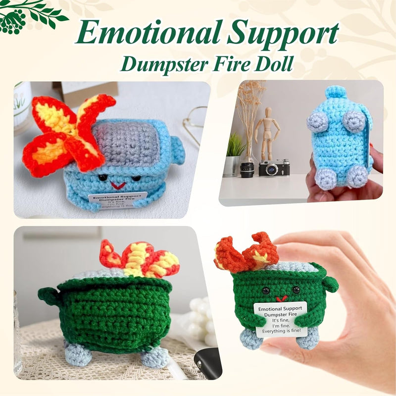 Emotional Support Dumpster- Handmade Crochet Dumpster Fire Doll, Christmas Dumpster Fire Knitting Toy Ornaments with Positive Card, Handmade Emotional Support Crochet Gift Desk Decor (Green)