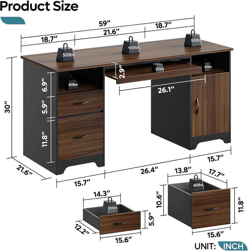 Bestier 59” Executive Desk with 2 Drawers, Computer Desk with Storage Cabinet, Industrial Wood Desk with File Drawer, Keyboard Tray & 2 Pedestals for Home Office & Studio, Cherry