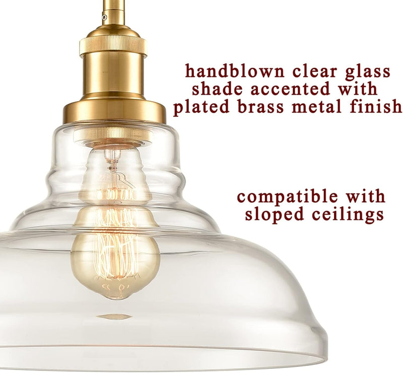 CLAXY Industrial Brass/Gold Pendant Lights Glass Dome Kitchen Hanging Light Fixture-3 Pack